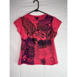 Dereon Pink Graphic Tee Y2K Winged Heart Crown Studded Short Sleeve Shirt Medium